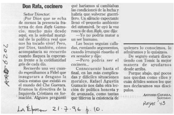 Don Rafa, cocinero  [artículo] Antonio Cavalla.