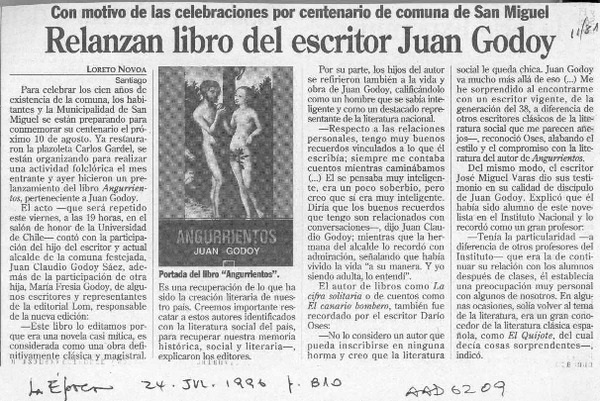 Relanzan libro del escritor Juan Godoy  [artículo] Loreto Novoa.