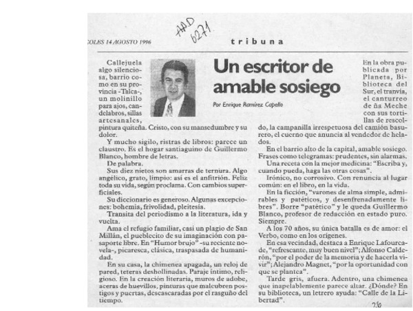Un escritor de amable sosiego  [artículo] Enrique Ramírez Capello.
