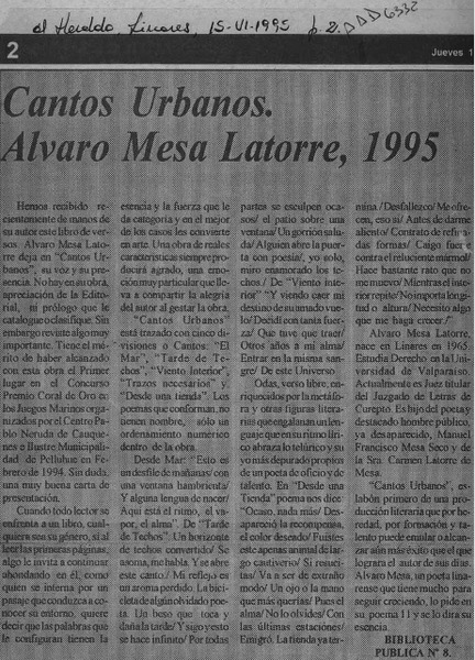 Cantos urbanos, Alvaro Mesa Latorre, 1995  [artículo].