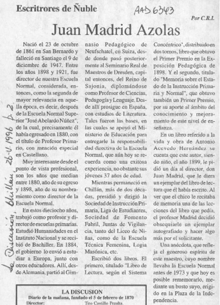 Juan Madrid Azolas  [artículo] C. R. I.