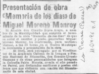 Presentación de obra "Memoria de los días" de Miguel Moreno Monroy  [artículo].