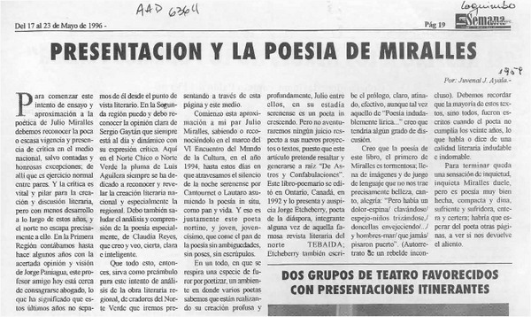 Presentación y la poesía de Miralles  [artículo] Juvenal J. Ayala.