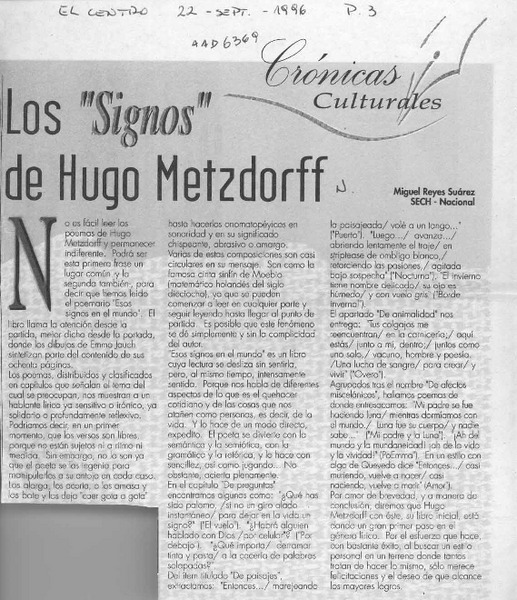 Los "Signos" de Hugo Metzdorff  [artículo] Miguel Reyes Suárez.