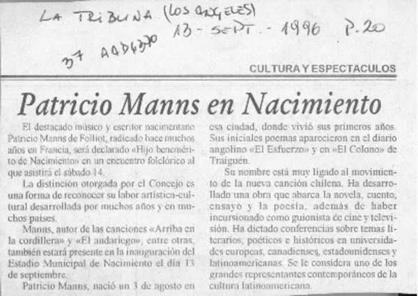 Patricio Manns en Nacimiento  [artículo].