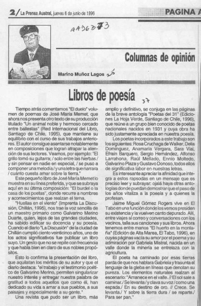 Libros de poesía  [artículo] Marino Muñoz Lagos.