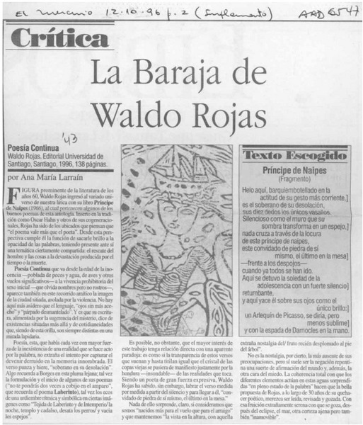La baraja de Waldo Rojas  [artículo] Ana María Larraín.