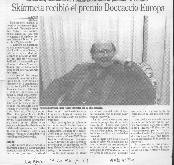 Skármeta recibió el premio Boccaccio Europa  [artículo].