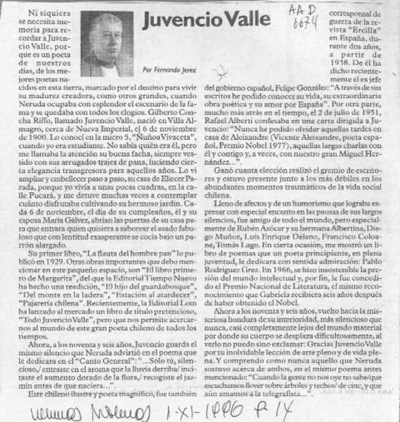 Juvencio Valle  [artículo] Fernando Jerez.
