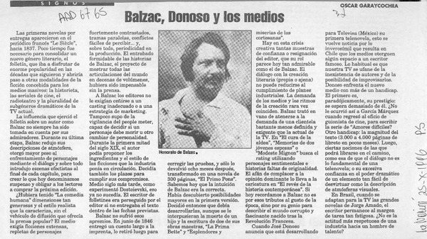 Balzac, Donoso y los medios  [artículo] Oscar Garaycochea.