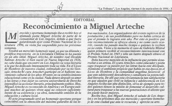 Reconocimiento a Miguel Arteche  [artículo].