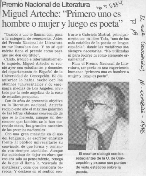 Miguel Arteche, "Primero uno es hombre o mujer y luego es poeta"  [artículo].