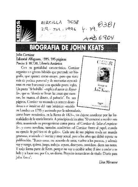 Biografía de John Keats  [artículo] Lina Meruane.