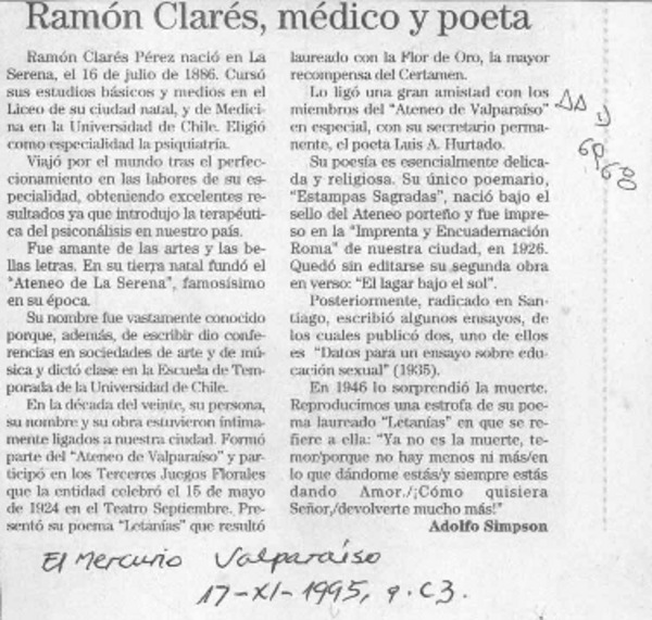 Ramón Clarés, médico y poeta  [artículo] Adolfo Simpson.