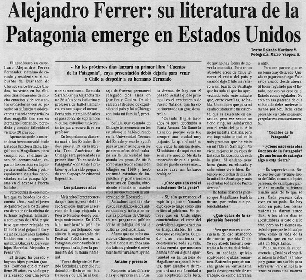 Alejandro Ferrer, su literatura de la Patagonia emerge en Estados Unidos