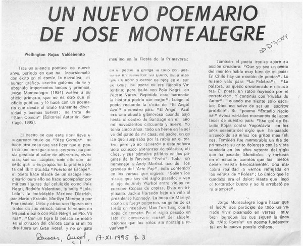 Un nuevo poemario de Jorge Montealegre  [artículo] Wellignton Rojas Valdebenito.