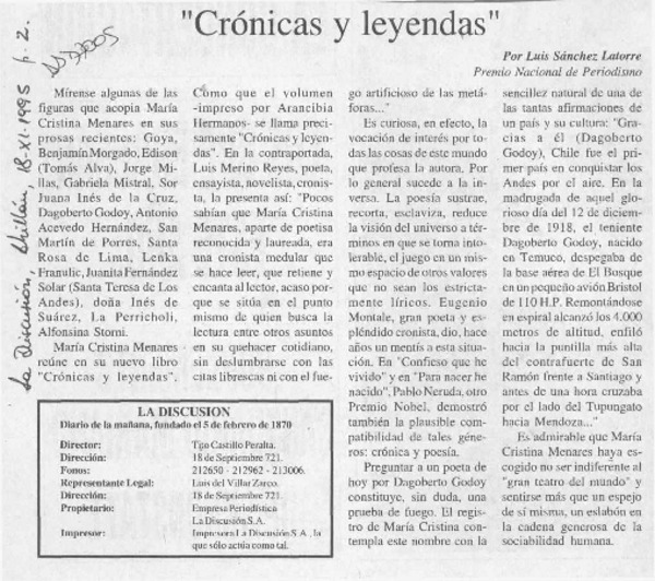 "Cronicas y leyendas" de María Cristina Menares  [artículo] Luis Sánchez Latorre.