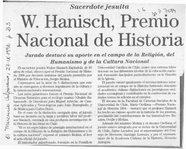 W. Hanisch, Premio Nacional de Historia  [artículo].