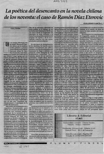La poética del desencanto en la novela chilena de los noventa, el caso de Ramón Díaz Eterovic  [artículo] Guillermo García C.