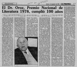 El Dr. Oroz, Premio Nacional de Literatura 1978, cumplió 100 años