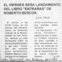El Viernes será lanzamiento del libro "Entrañas" de Roberto Bescos  [artículo].