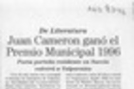 Juan Cameron ganó el premio municipal 1996  [artículo]