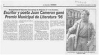 Escritor y poeta Juan Cameron ganó premio municipal de literatura '96  [artículo].