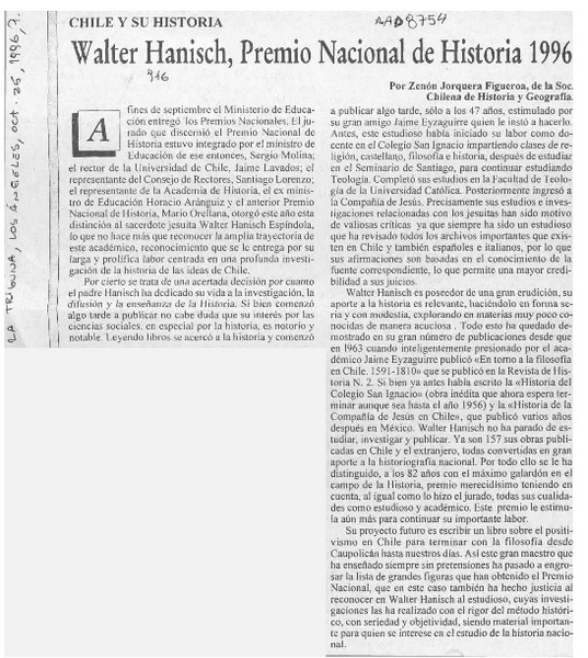 Walter Hanisch, Premio Nacional de Historia 1996  [artículo] Zenón Jorquera Figueroa.