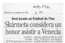 Skármeta considera un honor asistir a Venecia  [artículo].