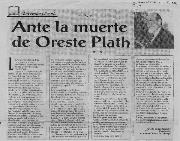 Ante la muerte de Oreste Plath  [artículo] Ernesto Livacic Gazzano.