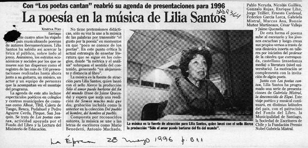 La poesía en la música de Lilia Santos  [artículo] Ximena Poo.