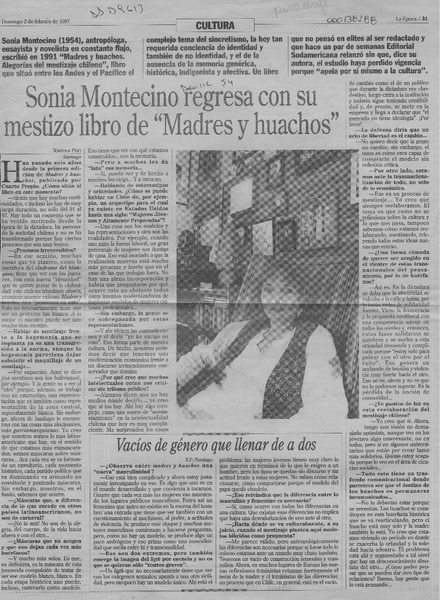 Sonia Montecino regresa con su mestizo libro de "Madres y humanos"  [artículo] Ximena Poo.