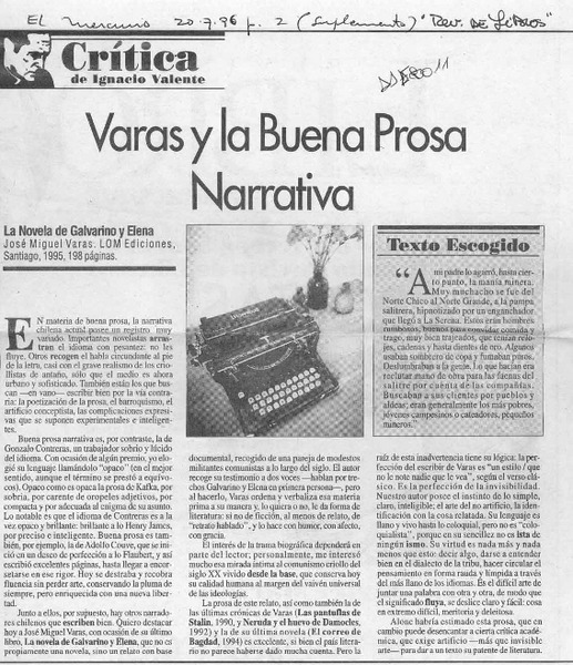 Varas y la buena prosa narrativa  [artículo] Ignacio Valente.