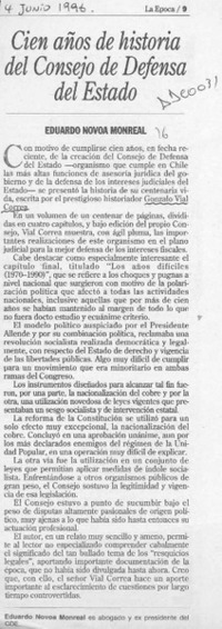 Cien años de historia del Consejo de Defensa del Estado  [artículo] Eduardo Novoa Monreal.