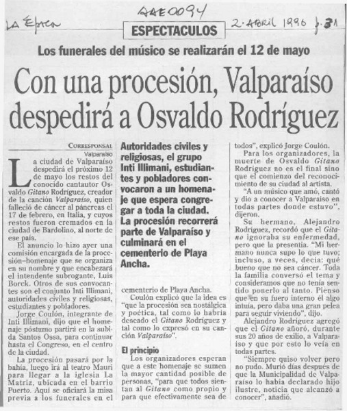 Con una procesión, Valparaíso despedirá a Osvaldo Rodríguez  [artículo].