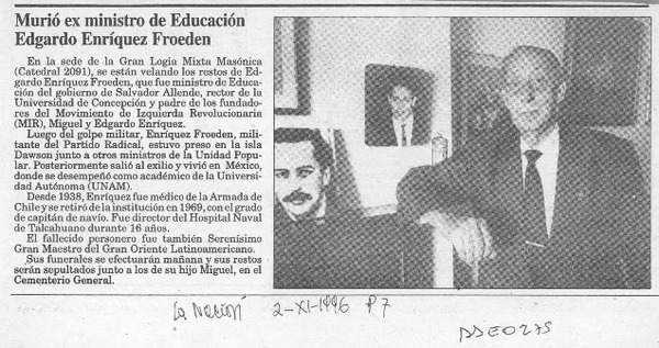 Murió ex ministro de educación Edgardo Enríquez Froeden  [artículo].