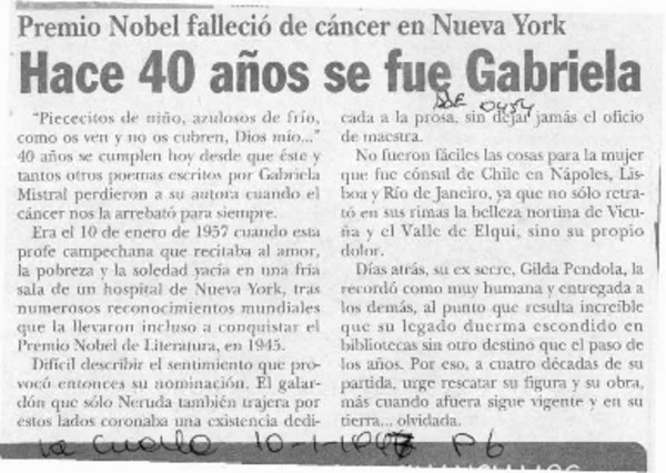 Hace 40 años se fue Gabriela  [artículo].