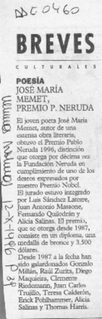 José María Memet, Premio P. Neruda  [artículo].