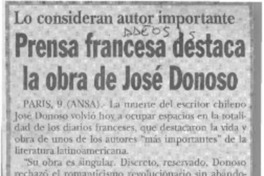 Prensa francesa destaca la obra de José Donoso  [artículo].