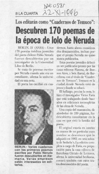 Descubren 170 poemas de la época de lolo de Neruda  [artículo].