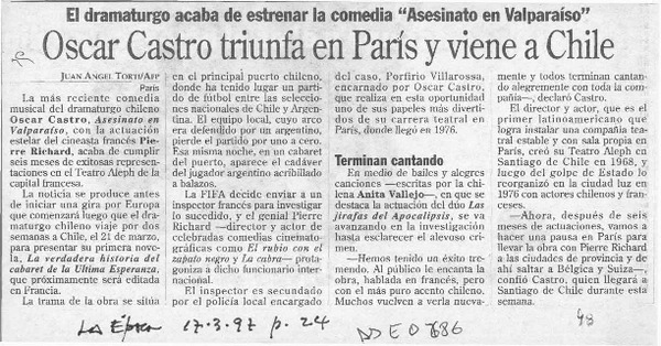 Oscar Castro triunfa en París y viene a Chile  [artículo] Juan Angel Torti.