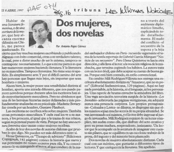 Dos mujeres, dos novelas  [artículo] Antonio Rojas Gómez.