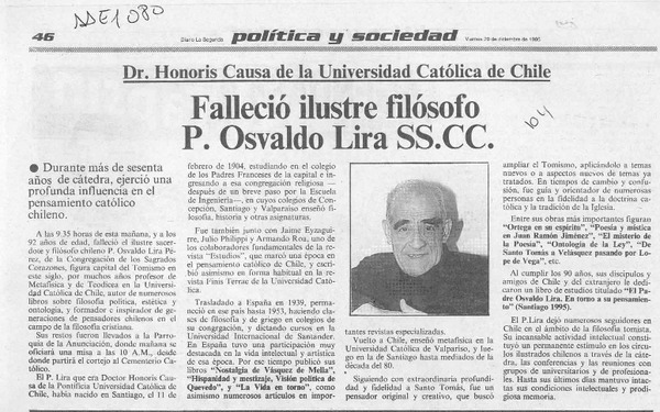 Falleció ilustre filósofo P. Osvaldo Lira SS. CC.  [artículo].