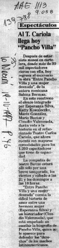 Al T. Cariola llega hoy "Pancho Villa"  [artículo].