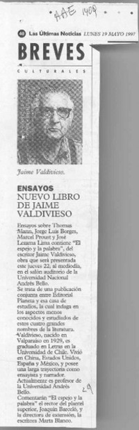 Ensayos, nuevo libro de Jaime Valdivieso  [artículo].