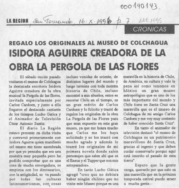 Isidora Aguirre creadora de la obra La Pérgola de las Flores  [artículo].