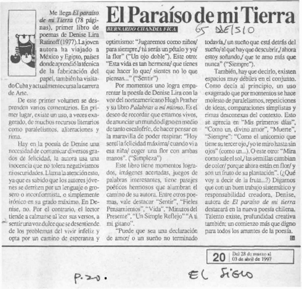 El paraíso de mi tierra  [artículo] Bernardo Chandía Fica.