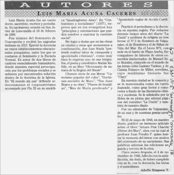 Luis María Acuña Cáceres  [artículo] Adolfo Simpson T.