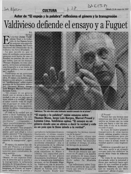 Valdivieso defiende el ensayo y a Fuguet  [artículo] S. L.