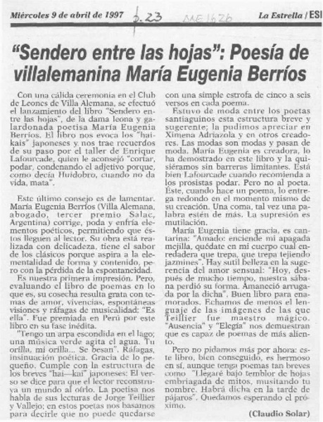 "Sendero entre las hojas", poesía de villalemanina María Eugenia Berríos